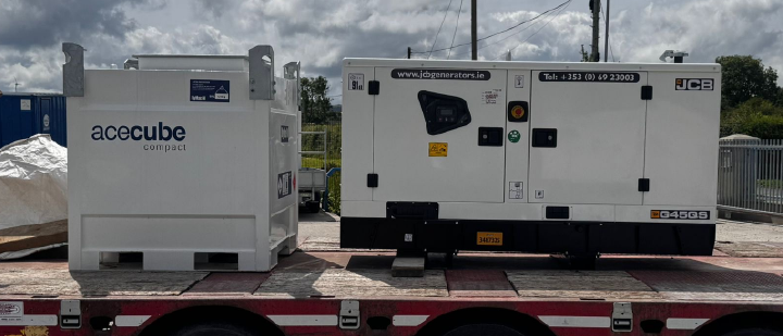 JCB G45QS generator and bunded fuel tank loaded on truck